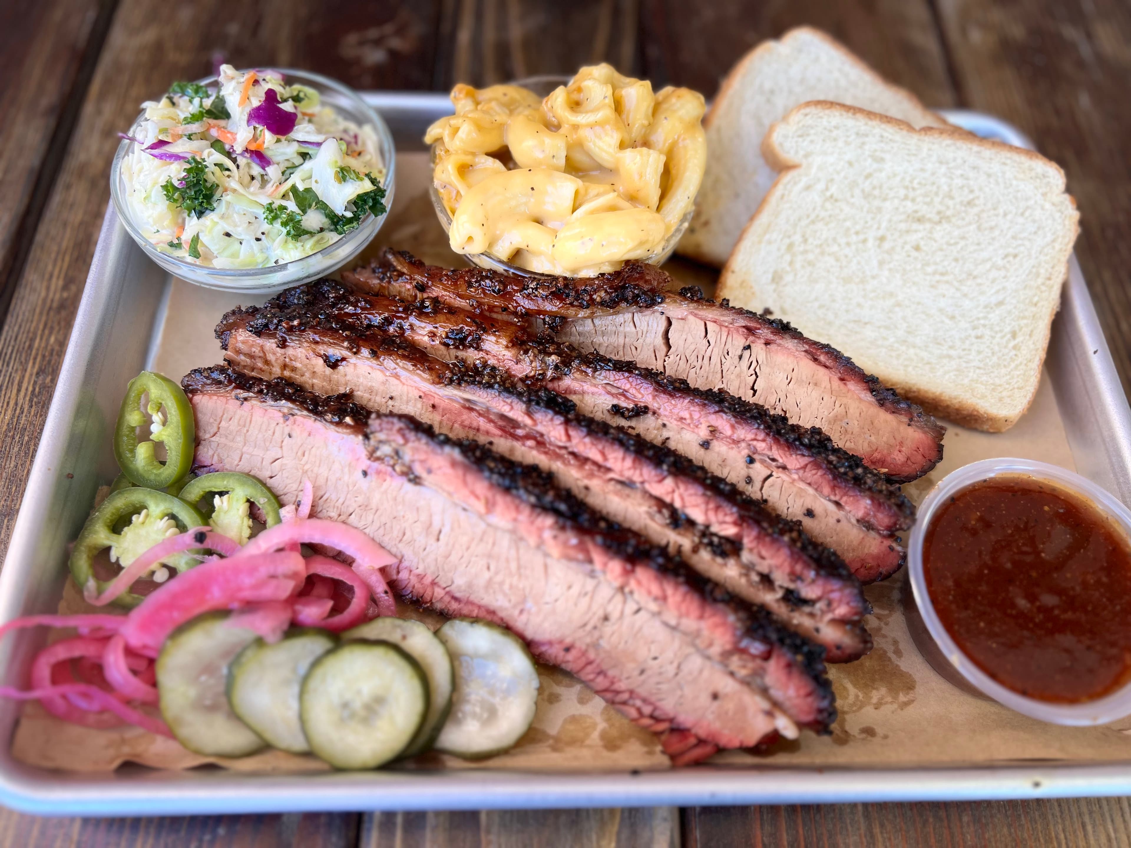 Sliced brisket plate with homemade sides