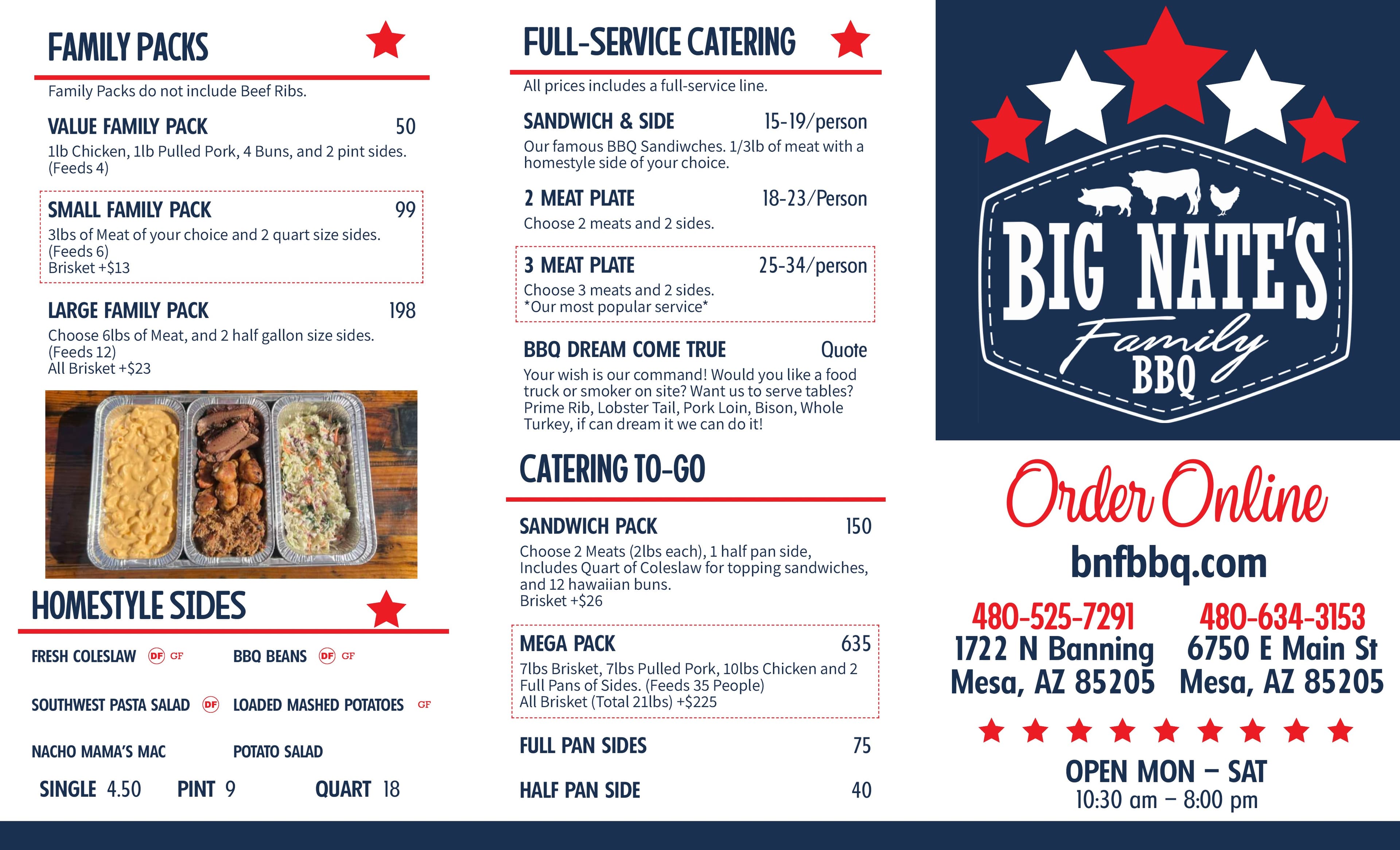 Big Nate's BBQ printed menu 2026 — page 1